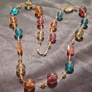 Vintage Multicolor Lucite Beaded Necklace 32 Inch. Long Gold Cable .